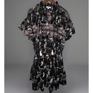 Entro Women’s Sz L Black Paisley Short Flutter Sleeve Dress With Pockets